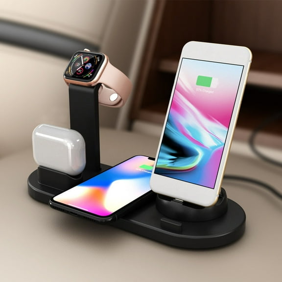 DWSHUM 4 in 1 Wireless Fast Charger,Portable Multifunctional Phone Mount Holder,15W Fast Charging Station Cell Phone Charger Stand,Wireless Charging for Multiple Devices Black