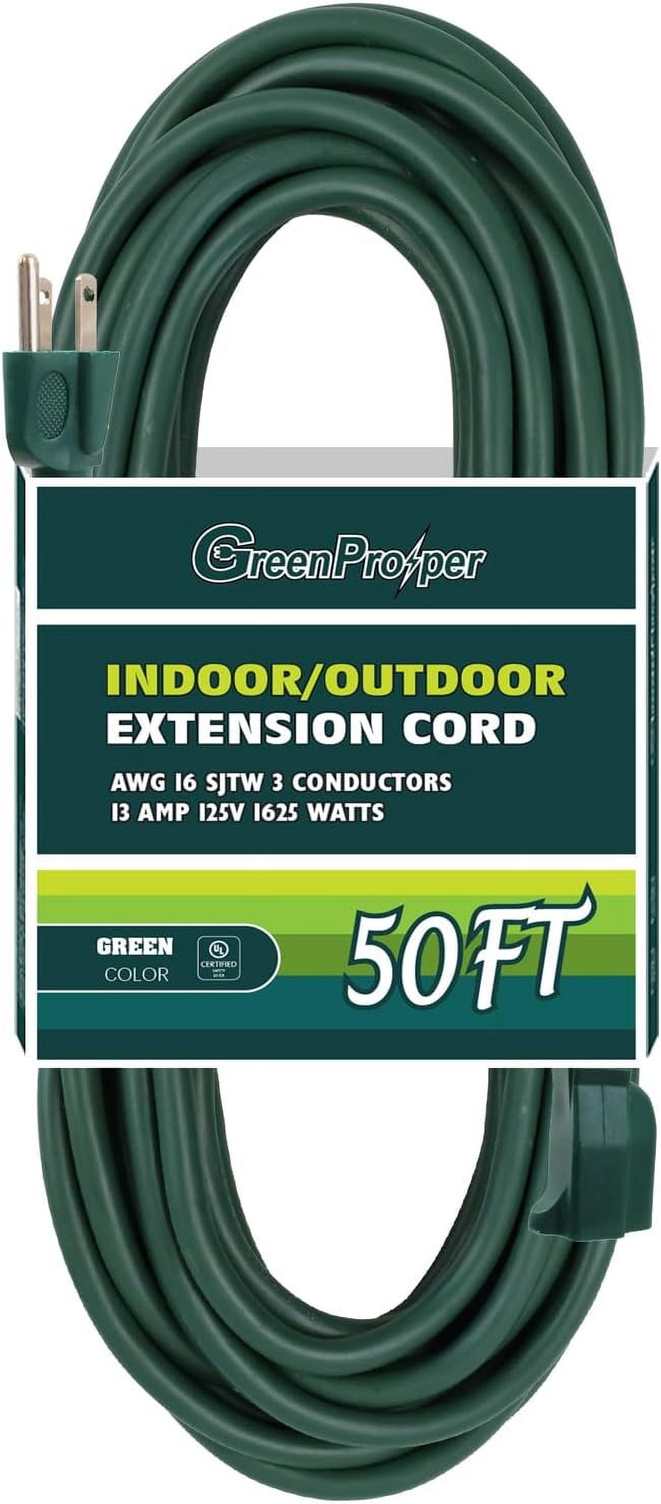 50 Ft Indoor Outdoor Green Extension Cord, 16 Gauge Waterproof Electrical Cable With 3 Prong Grounded Plug, 13A 1625W 16/3 Sjtw Electrical Cord, Ul Listed