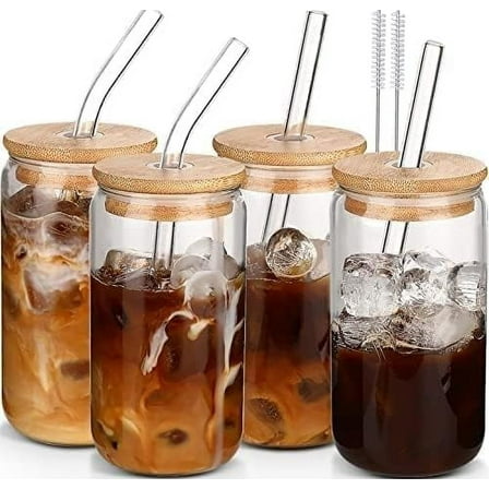 Glass Cups with Lids and Straws 4 pcs,16oz Drinking Glasses Set for Coffee Bar Accessories Iced Coffee Cups with Lids,Glass Tumbler Reusable for Gifts