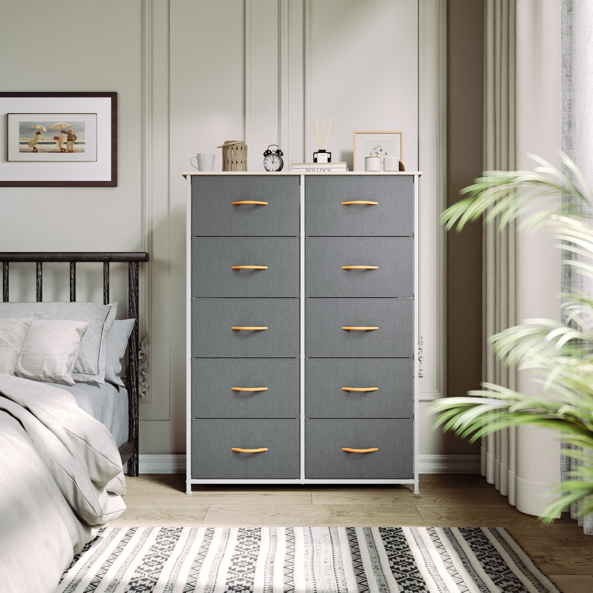 DWVO 10 Drawer Dresser Chest of Storage Dresser Tall Fabric Dresser Storage Cabinet Bin Nightstand Cabinet, Gray