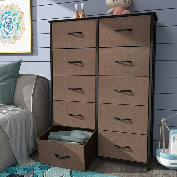 DWVO 10 Drawer Dresser Tall Fabric Dresser Storage Cabinet Bin Nightstand, Brown