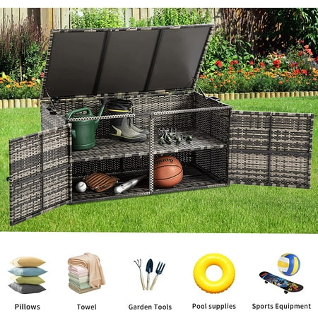 DWVO 120 Gallon Outdoor Wicker Storage Box, Large Rattan Deck Box Double Openable Door with Lid and Separate Storage Shelf for Patio, Cushions, Garden Tools, Pools & Sports Equipment (Gray)