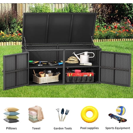 DWVO 120 Gallon Outdoor Wicker Storage Box, Large Rattan Deck Box Double Openable Door with Lid and Separate Storage Shelf for Patio, Cushions, Garden Tools, Pools & Sports Equipment (Black)