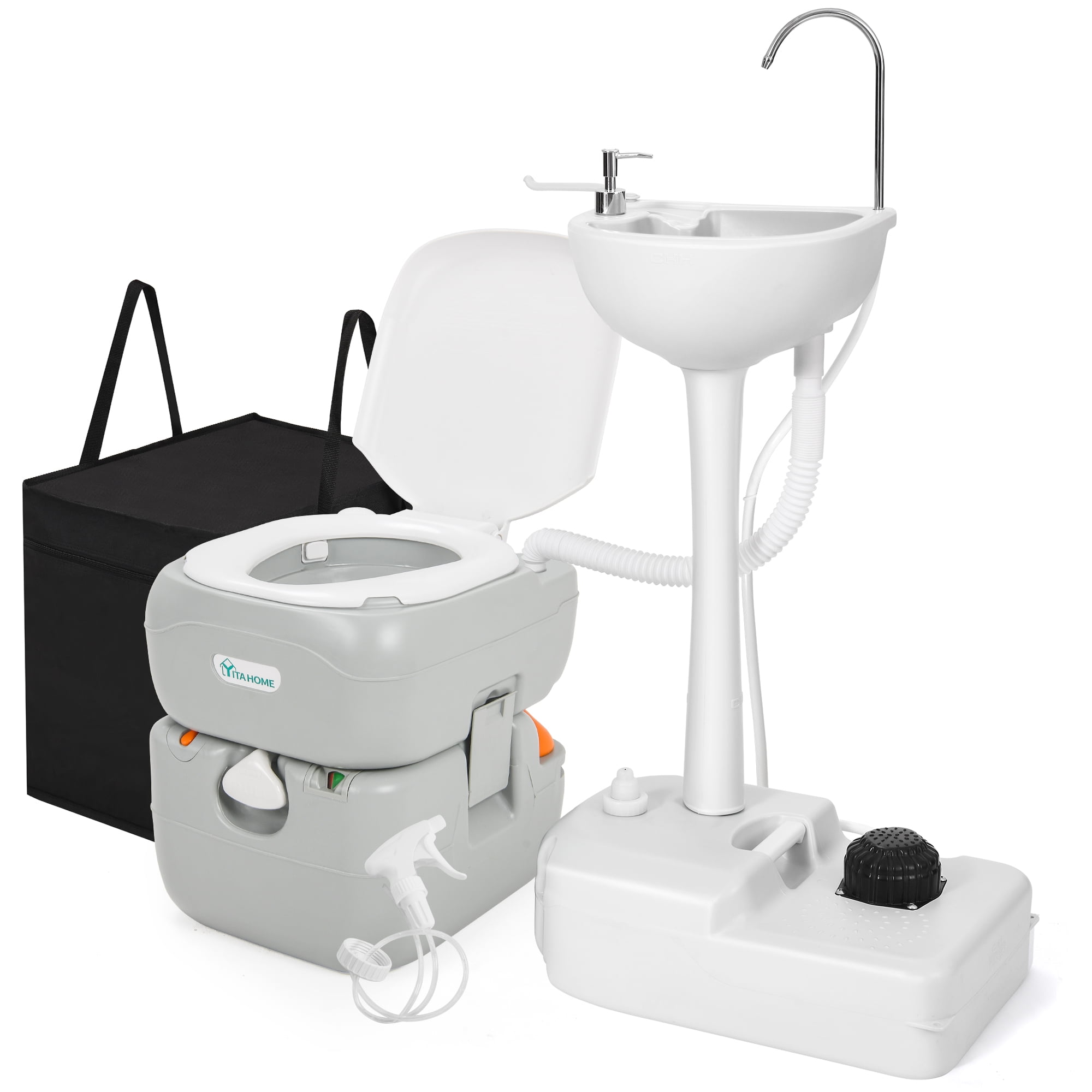 DWVO 17L Portable Sink and 5.8 Gallon Portable Toilet With Hand Sprayer, Level Indicator for RV Travel Camping - White & Gray