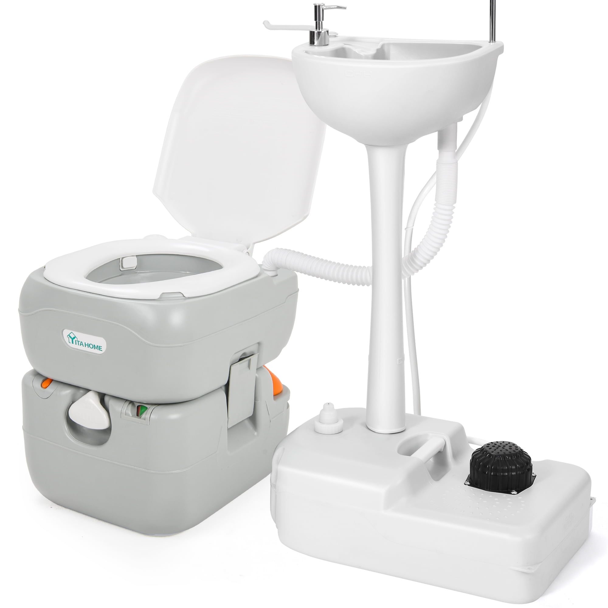 DWVO 17L Portable Sink and 5.8 Gallon Portable Toilet for Outdoor, Indoor - Gray & White