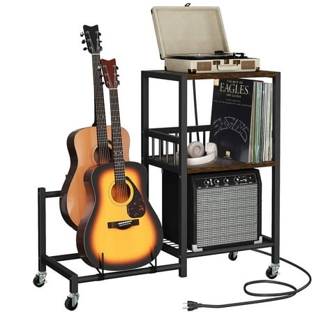 DWVO 2-Tier Adjustable Guitar Stand with Storage Shelf and Wheels, Guitar Rack for Multiple Guitars, Acoustic, Bass, Electric Guitar Stand,With Power Strip,Brown