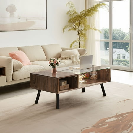 DWVO 2-Tier Coffee Table Modern Wood & Glass Table with Storage Shelf for Home Office Living Room