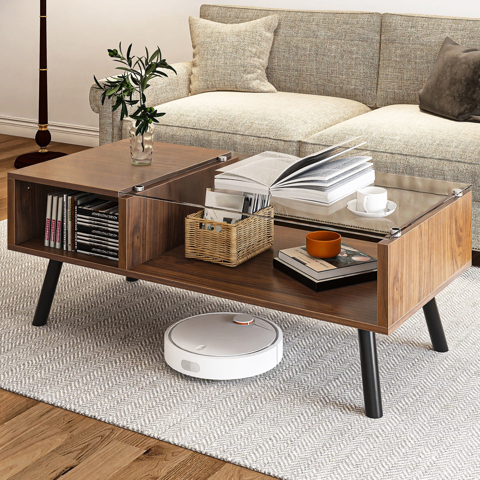 DWVO 2-Tier Coffee Table Modern Wood & Glass Table with Storage Shelf ...