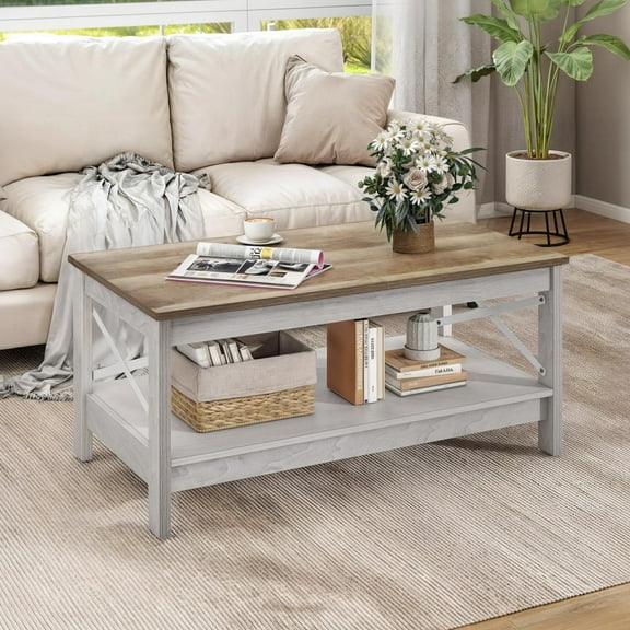 DWVO 2-Tier Farmhouse Square Wood Coffee Table Center Table for Living Room,Gray