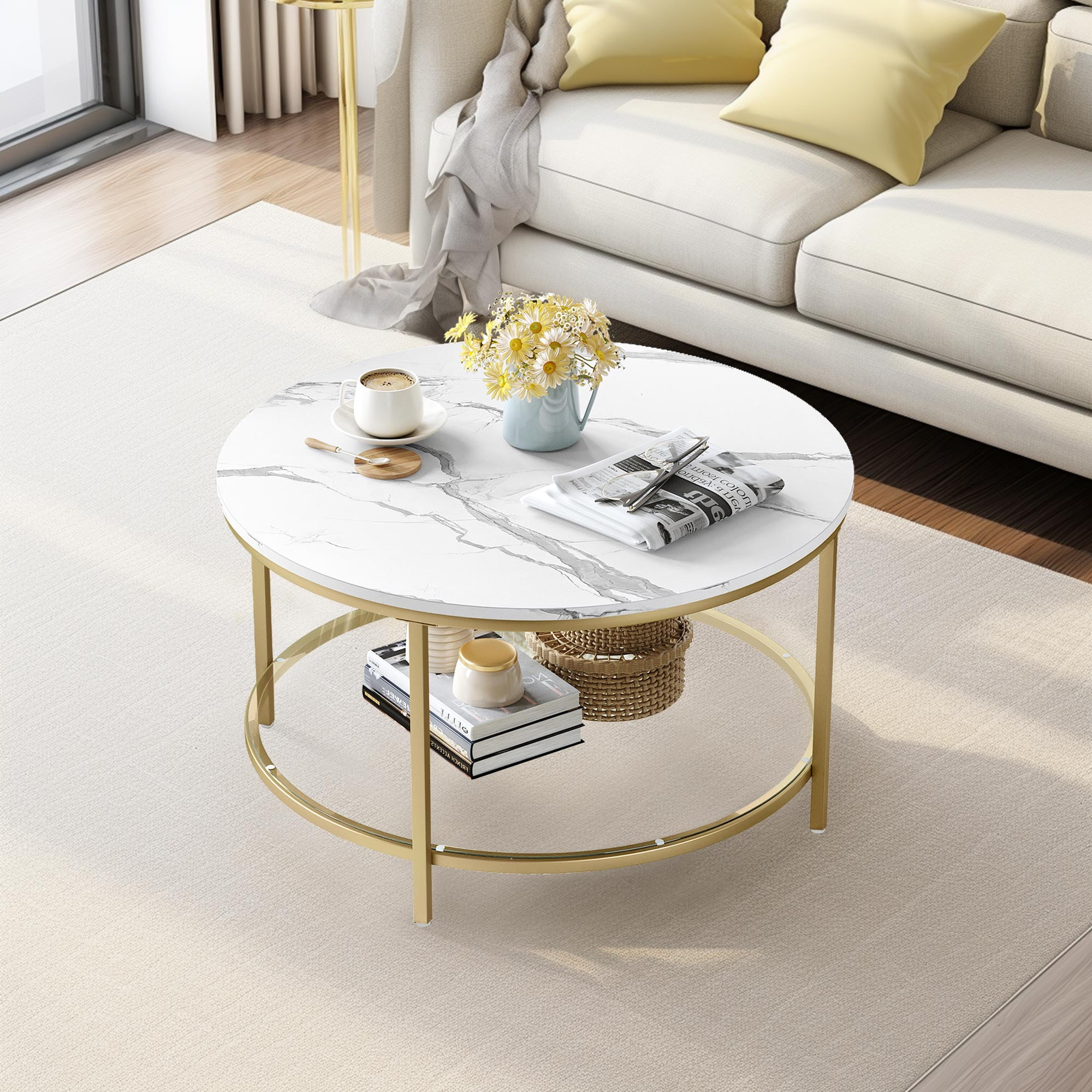 2-Tier Round Coffee Table With Storage, 31.5-Inch Center Cocktail