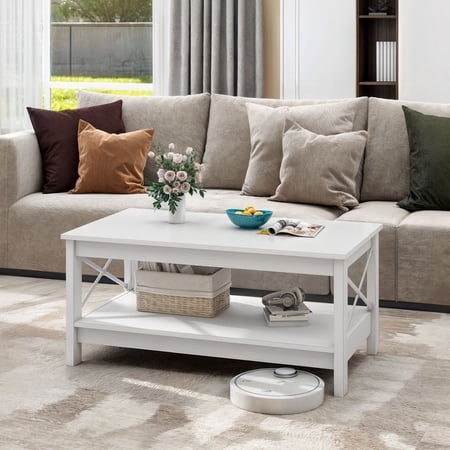 DWVO 2-Tier White Coffee Table with Open Storage Shelf Farmhouse Accent Cocktail Center Ends Table for Living Room