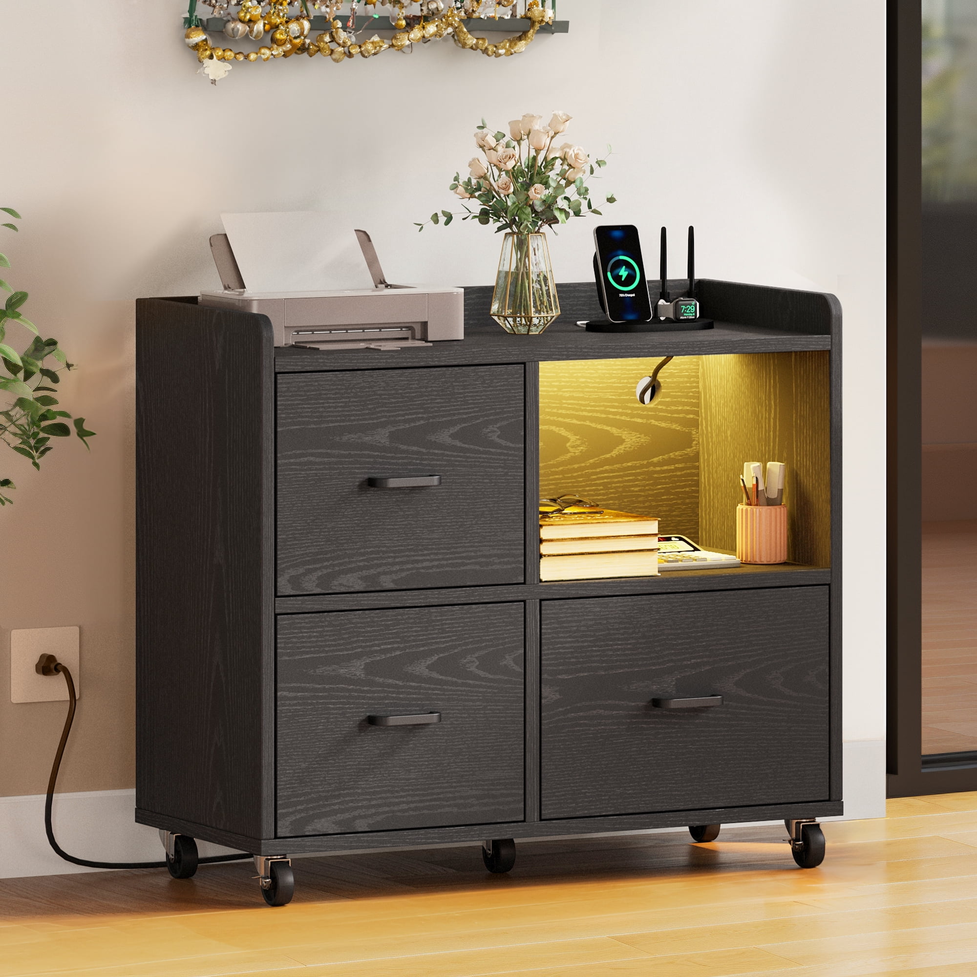 DWVO 3 Drawer Wood File with Charging Station & LED Light