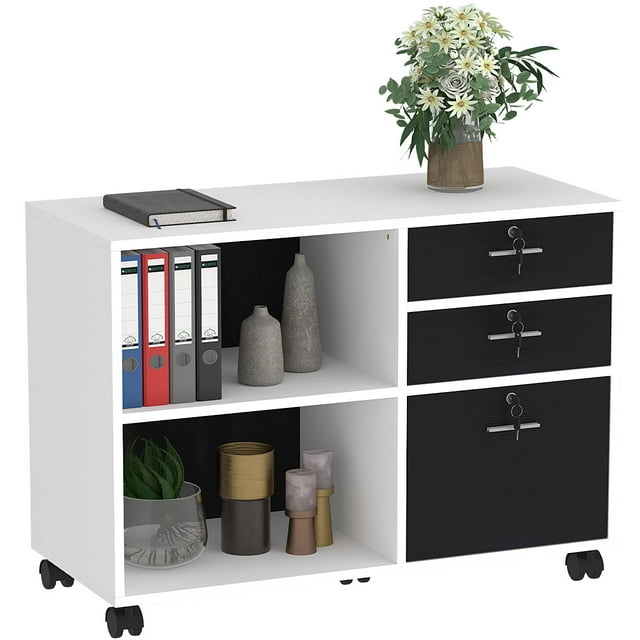 DWVO 3 Drawer Wood File Cabinet Rolling Cart Home Office Storage Organizer White