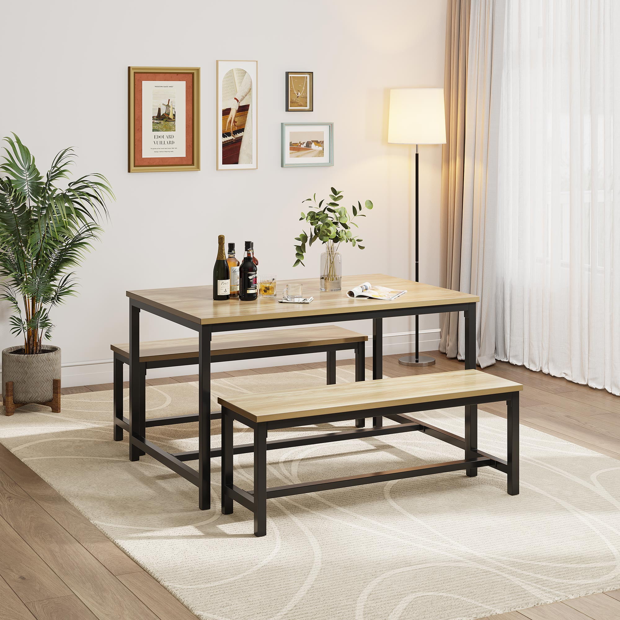 DWVO 3Piece Modern Industrial Dining Table Set with 2 Benches for
