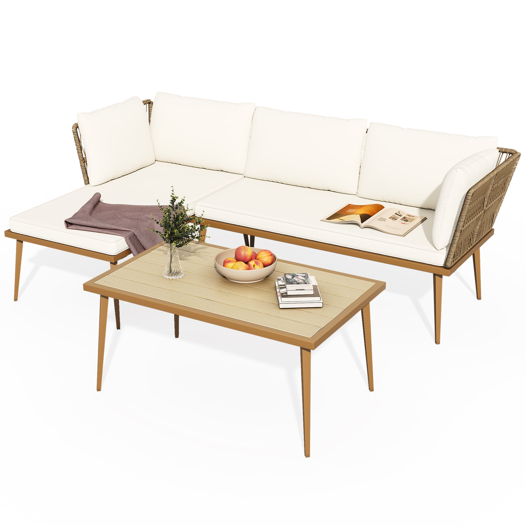 DWVO 3 Pieces Patio Furniture Set, Outdoor Rattan Woven Conversation Sectional L-Shaped Sofa with 5 Seater for Backyard, Porch, Boho Detachable Lounger with Cushions and Side Table - Beige