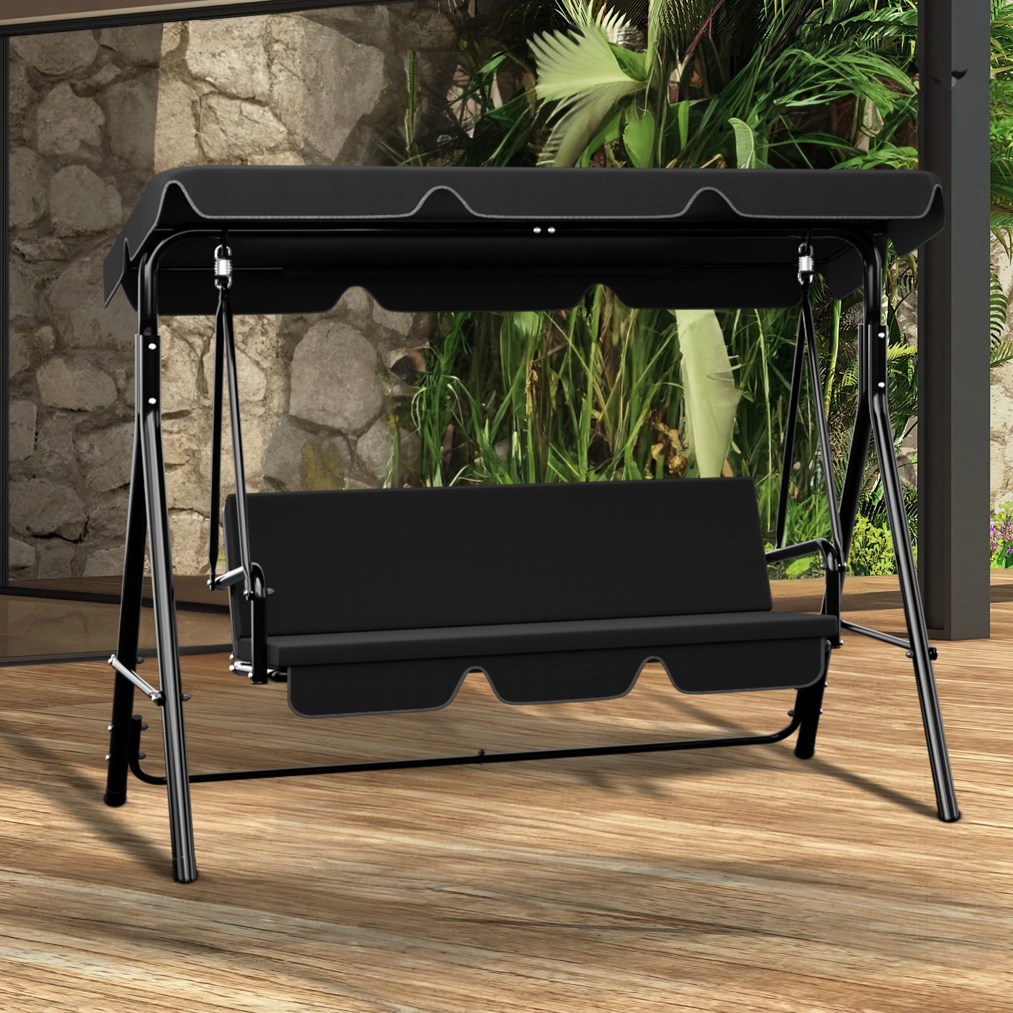 Black Steel 3-Person Outdoor Patio Swing with Adjustable Canopy