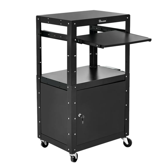 DWVO 3-Shelf Large AV Cart with Cabinet, 41" Metal Presentation Cart with Keyboard Tray, Adjustable Height Rolling Media Cart with 360° Swivel Wheels and 16.4ft Extra-Long Cord, 2 Locking Brakes