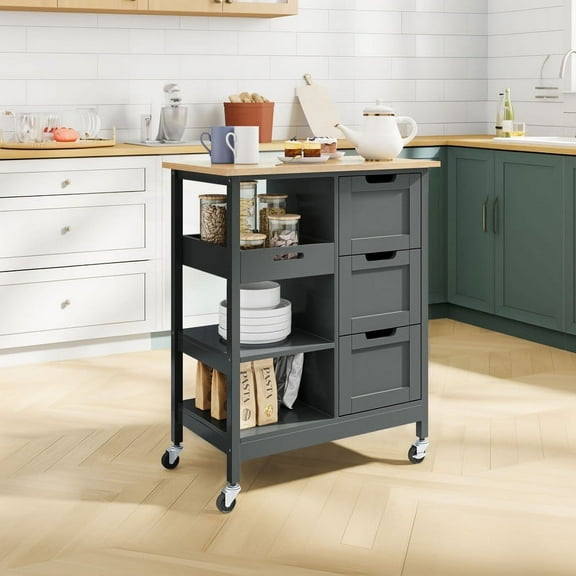 DWVO 3 Tier Kitchen Island Cart with Storage, Rolling Kitchen Cart with Large Countertop, Opening Shelves and Drawers for Kitchen Dining Room, Gray
