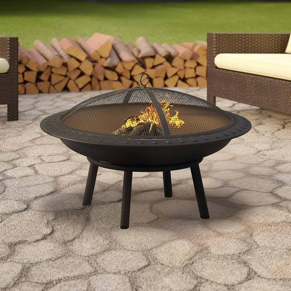 DWVO 30'' Outdoor Round Fire Pit Bowl with Round Spark Screen, Detachable Log Grate and Poker for Camping Picnic Bonfire Patio Outside Backyard Garden