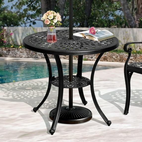 DWVO 30in Outdoor Patio Round Cast Aluminum Dining Table with Umbrella Hole, Outdoor Bistro Table Side Table for Backyard, Garden, Patio, Porch - Black