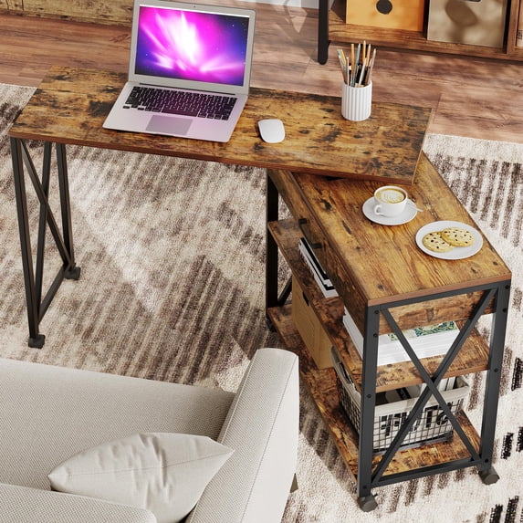 DWVO 360° Free Rotating Sofa Side Table, Mobile Couch Desk with Storage Drawer and Shelves, Movable Snack Table for Home Office, Rustic Brown
