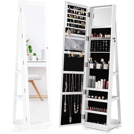 DWVO 360° Rotating Jewelry Cabinet Armoire 3-in-1 Jewelry Organizer Free Standing with Higher Full Length Mirror,Inside Makeup Mirror,Rear Storage Shelves, White