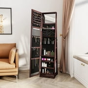 DWVO 360° Swivel Jewelry Cabinet, Lockable Standing Jewelry Armoire with Full-Length Mirror, Rear Storage Shelves - Walnut & Brown