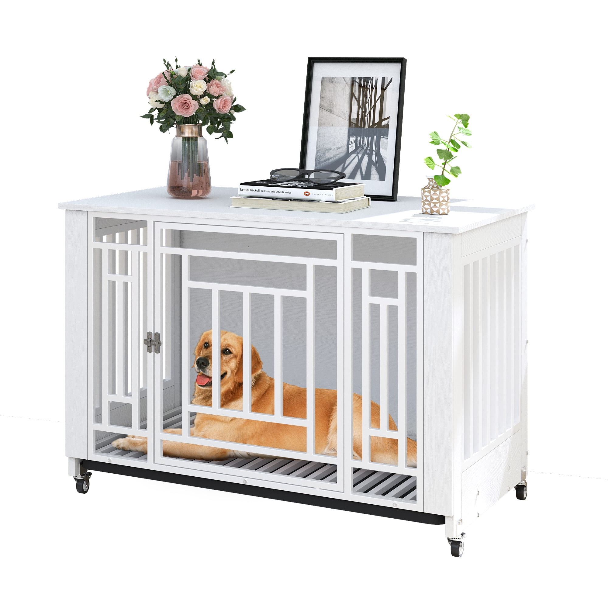 DWVO 38in Dog Crate Furniture with Lockable Door and Wheels, Wooden Side End Table, Heavy Duty Dog Crates for Small Medium Dogs - White