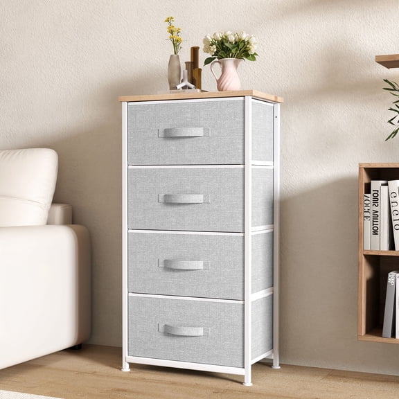DWVO 4 Drawer Dresser Storage Unit Shelf Organizer Bins Chest Fabric Drawers, Light Grey