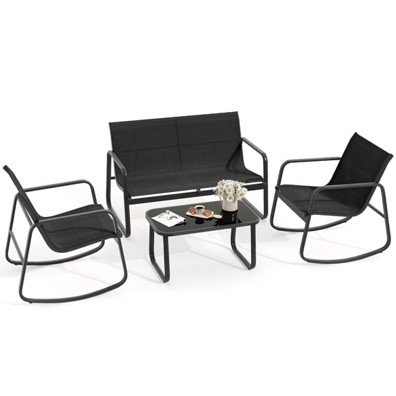 DWVO 4-Piece Outdoor Patio Bistro Furniture Set, Rocking Chair Set - 2 Rocking Chairs, Loveseat chair with Glass Coffee Table - Black