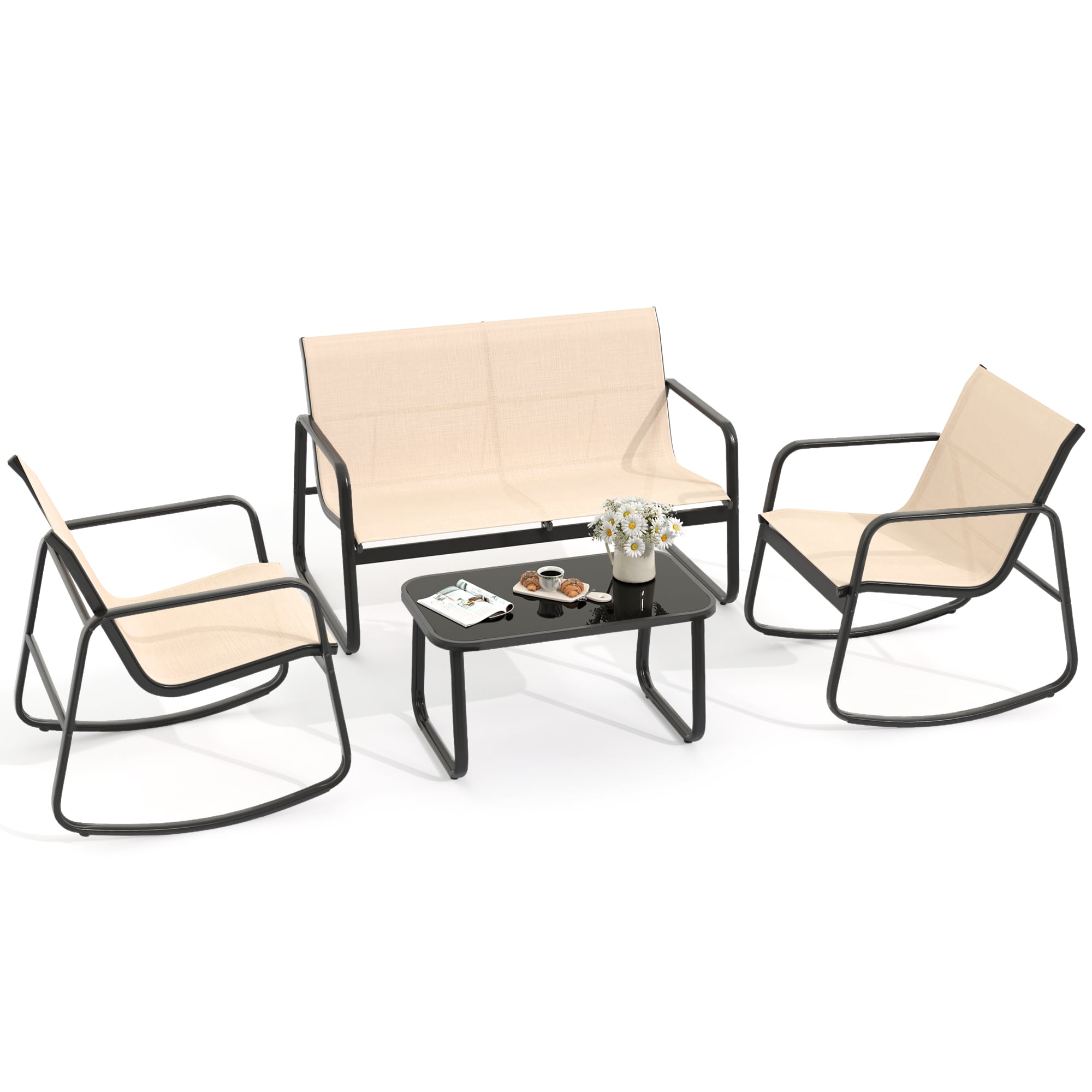 Homall Outdoor 3 Piece Patio Bistro Furniture Set Rattan Chair with Cushion and Coffee Table Patio Furniture Set Balcony Garden Porch Beige