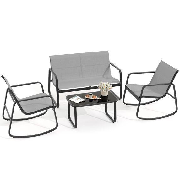 DWVO 4-Piece Outdoor Patio Bistro Furniture Set, Rocking Chair Set - 2 Rocking Chairs, Loveseat chair with Glass Coffee Table - Gray