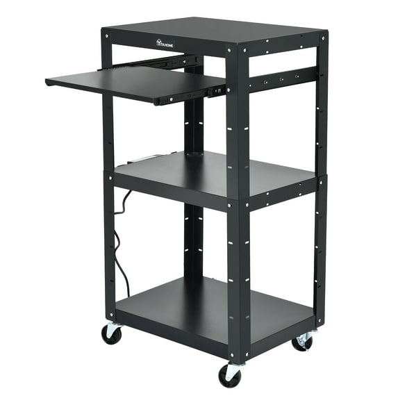 DWVO 4-Shelf Large AV Cart with 360° Swivel Wheels, 41" Metal Presentation Cart with Keyboard Tray and Drop Leaves, Rolling Media Cart w/ 16.4ft Extra-Long Cord, 2 Locking Brakes, Black