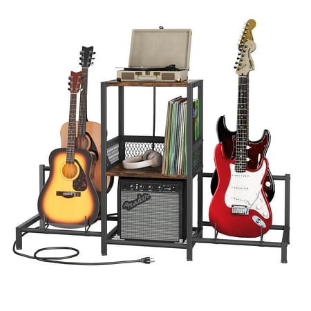 DWVO 4-Tier Adjustable Guitar Stand with Storage Shelf and Power Strip, Guitar Rack for Multiple Guitars, Acoustic, Bass, Electric Guitar Stand, Suitable for Home, Studio, Band Stages