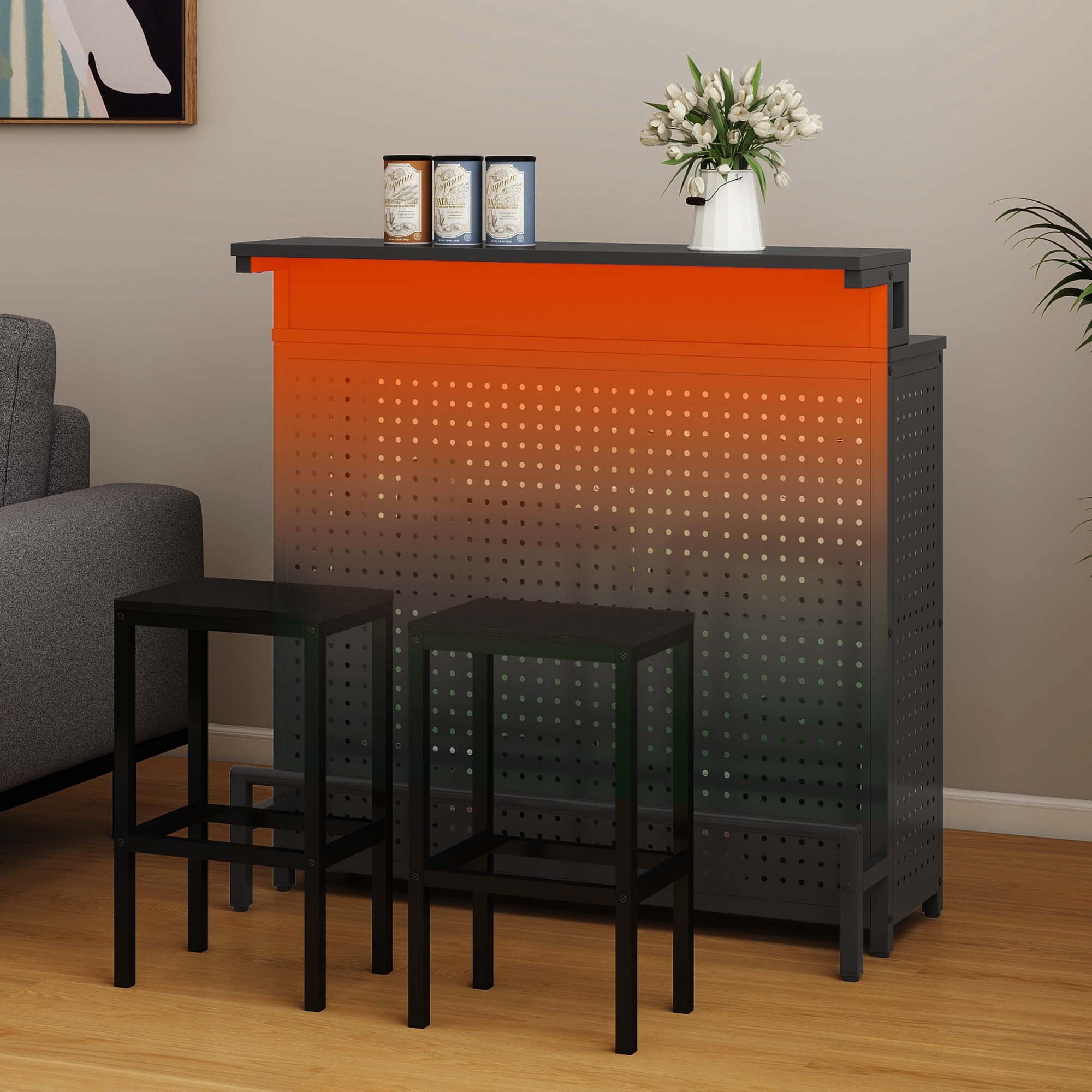 DWVO 4 Tier Home Bar Unit, 43" Liquor Bar Table with Adjustable RGB LED Color Lights, Mini Bar Cabinet with Stemware Rack and Footrest for Home Pub, Party, Black