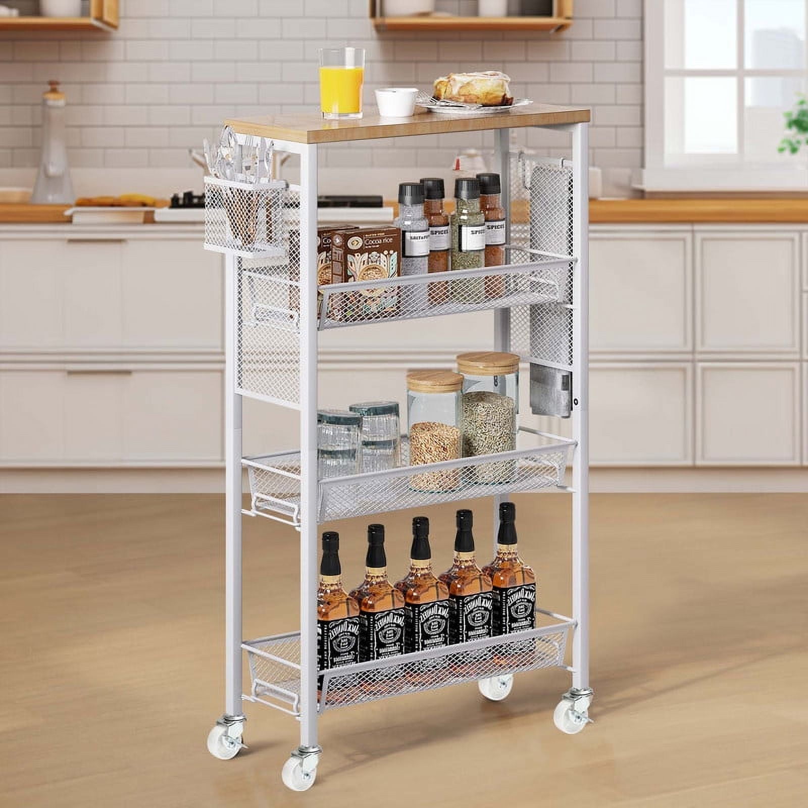 White Metal and Wood Slim Rolling Kitchen Cart with Mesh Shelves