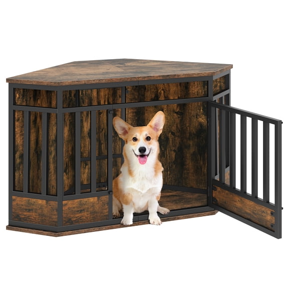 DWVO 43.9 inch Dog Crate Furniture, Corner Kennel with Metal Door, Wooden Dog House for Small/Medium Dog Crate - Rustic Brown