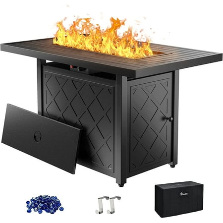 DWVO 43" Propane Fire Pit Table, Steel Firetable with Ignition Systems, Lava Rock and Lid, Rectangular Outdoor Firetable for Patio Deck Garden Backyard (Black)