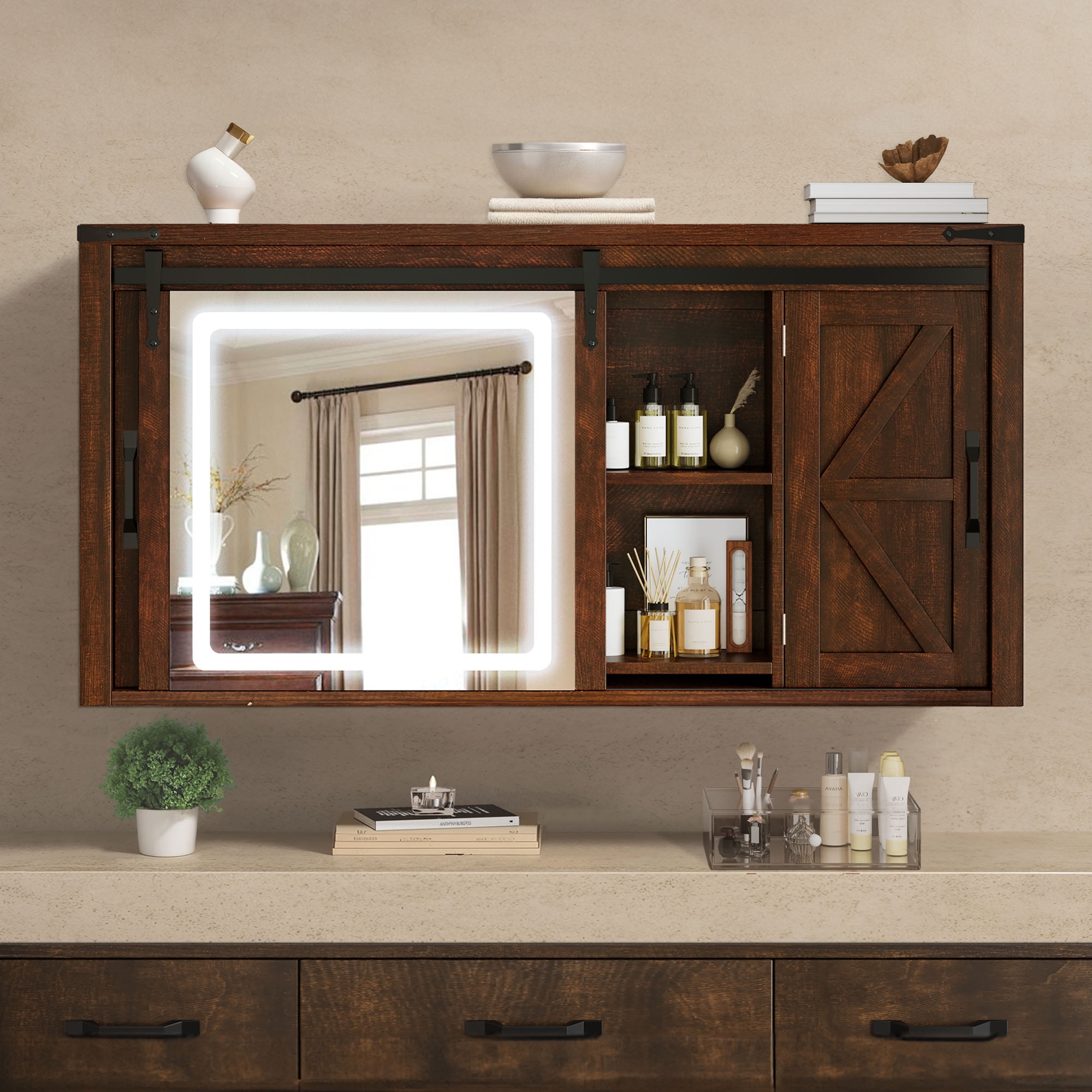 DWVO 47" Bathroom Wall Cabinet with LED Lights Mirror, Medicine Storage ...
