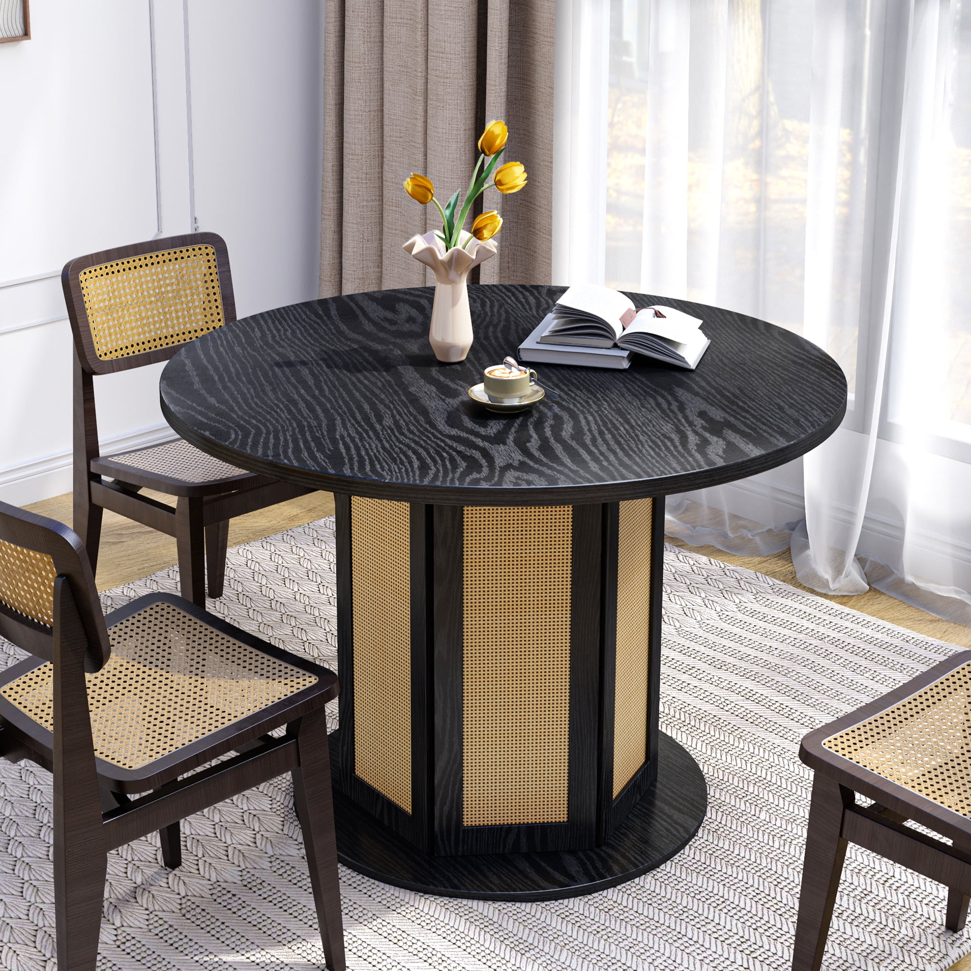 Round Rattan Kitchen Table DWVO 47 Inches Round Farmhouse Dining Table Black - Walmart.com