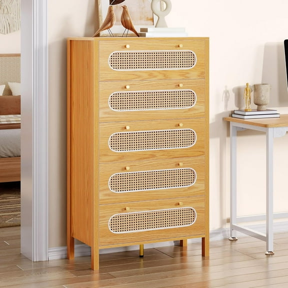 DWVO 47" Tall Natural Rattan 5 Drawer Dresser, Boho Dresser Chest of Drawers with Golden Handles, Wood Dresser Storage Cabinet for Hallway, Entryway, Hold up to 300lbs, Oak