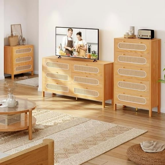 DWVO 47" Tall Natural Rattan 5 Drawer Dresser, Boho Dresser Chest of Drawers with Golden Handles, Wood Dresser Storage Cabinet for Hallway, Entryway, Hold up to 300lbs, Oak
