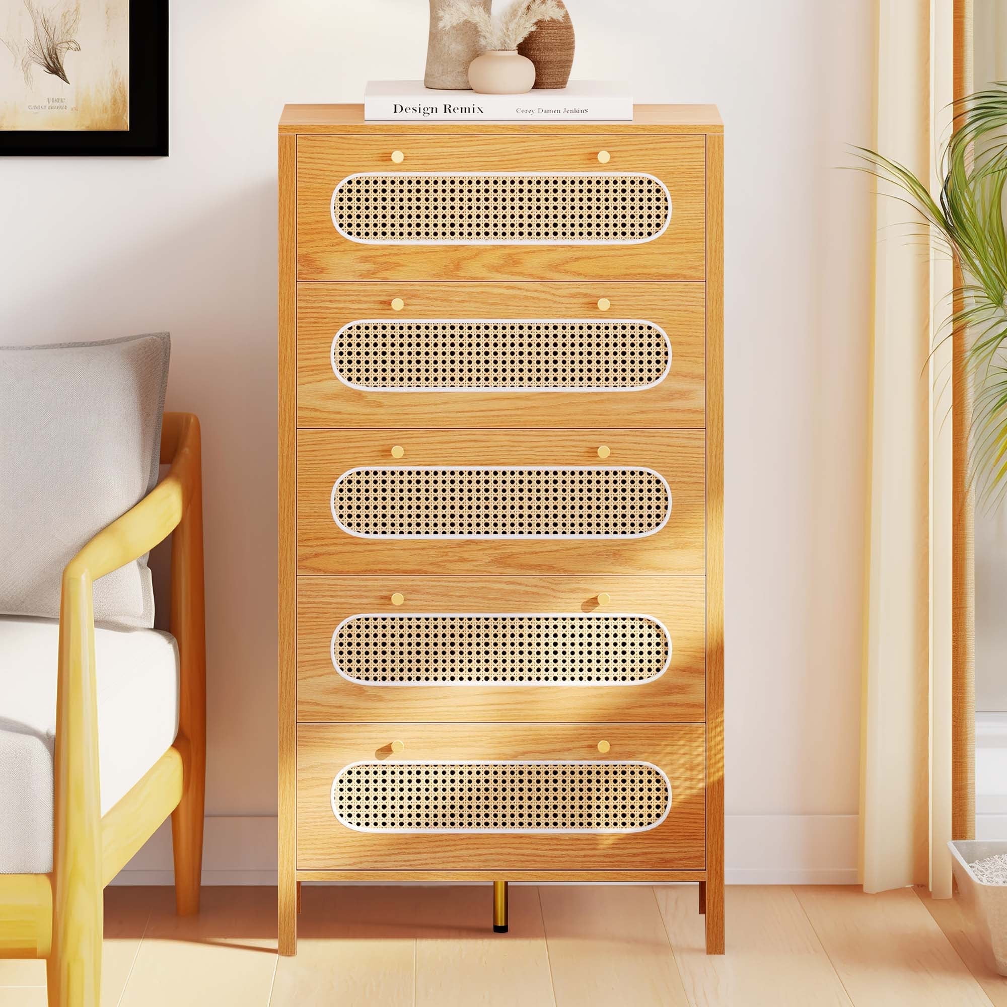 DWVO 5 Drawer Dresser, 47" Tall Rattan Vertical Dresser with Metal ...