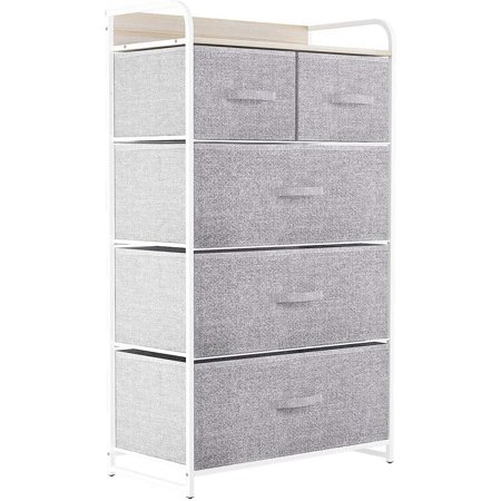 DWVO 5 Drawers Dresser Storage Tower Chest Fabric Unit Organizer Closet, Light Grey