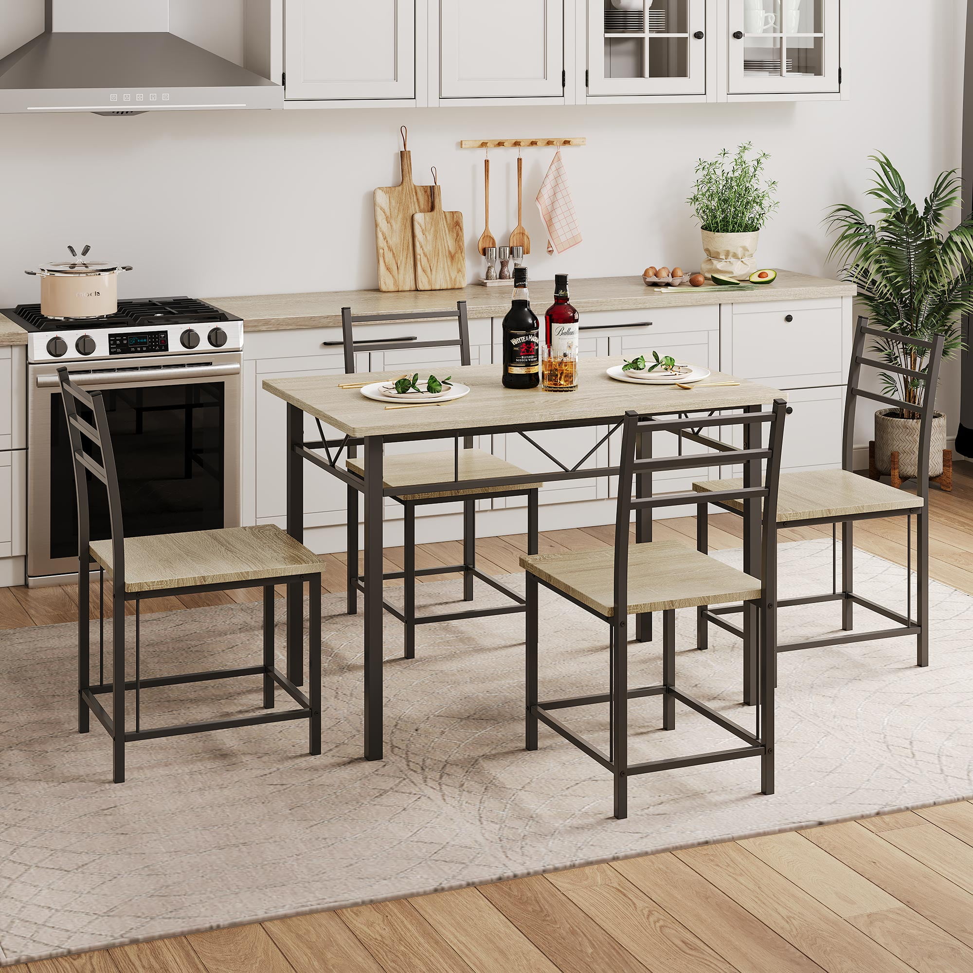 5 Pcs Dining Set Wood Metal Table and 4 Chairs with Cushions-Black