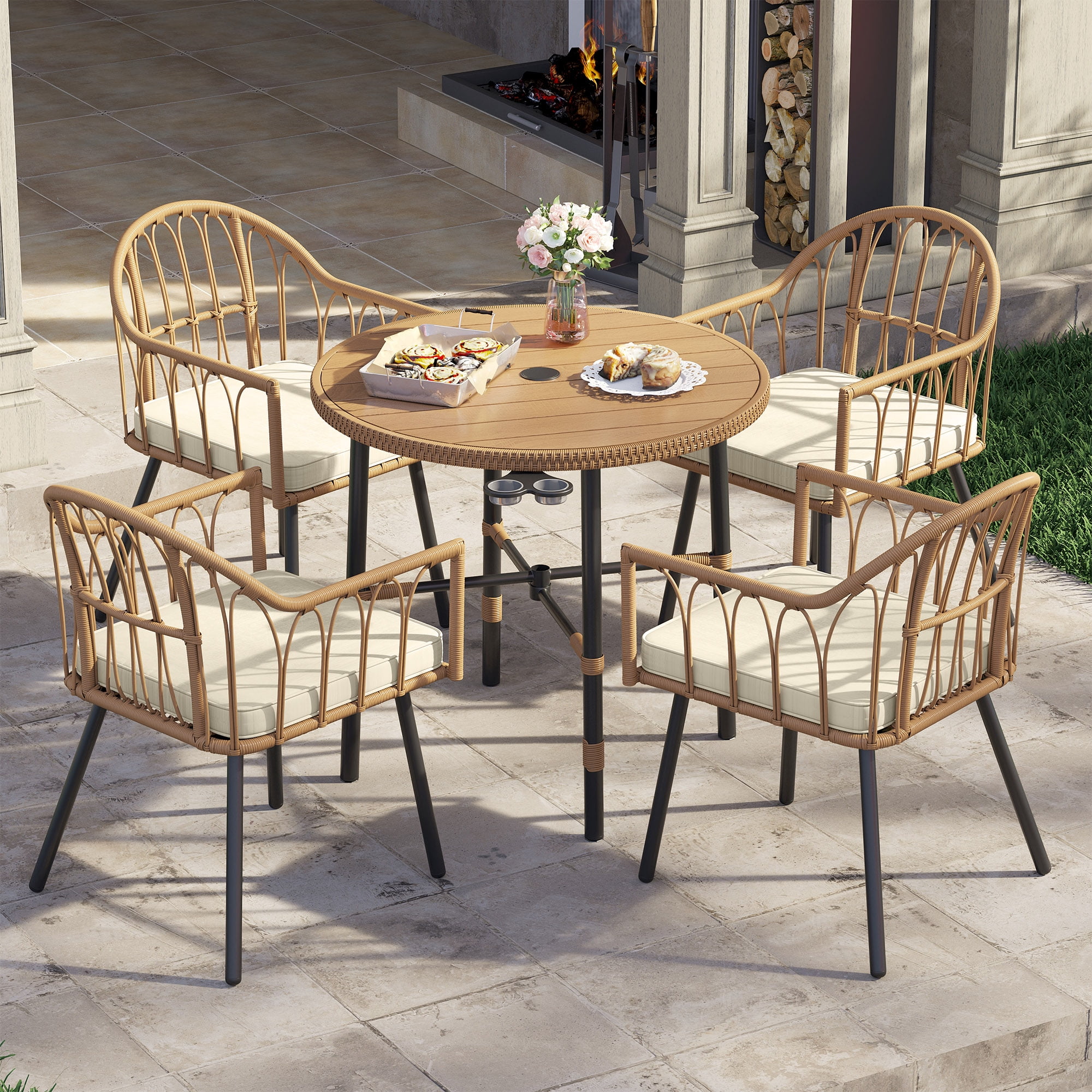 DWVO 5 Pcs Outdoor Dining Set, 4 Rattan Wicker Chairs