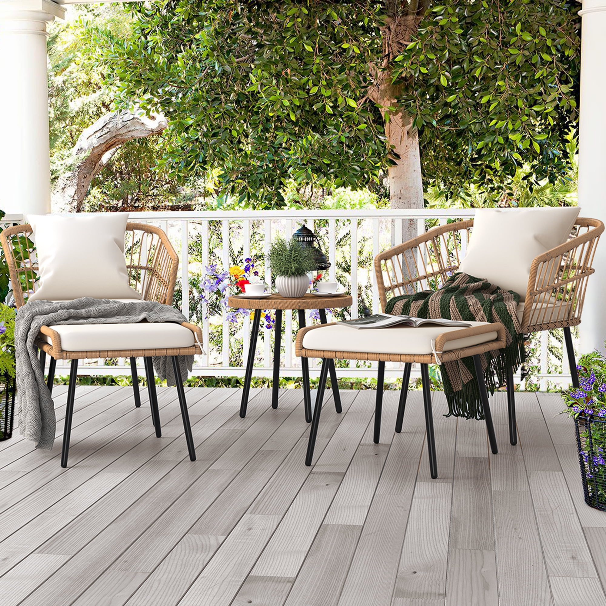 DWVO 5 Piece Outdoor Wicker Furniture Set 2 Outdoor Patio Chairs With 2 Ottomans and Coffee Table Beige