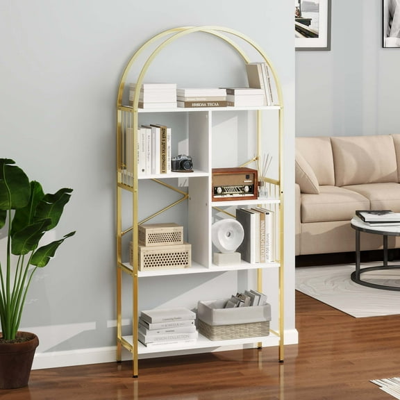 DWVO 5 Tier Arched Bookshelf and Bookcase, Gold Standing Book Shelf, Mental Frame Storage Display Rack Shelves Organizer for Bedroom Living Room Office