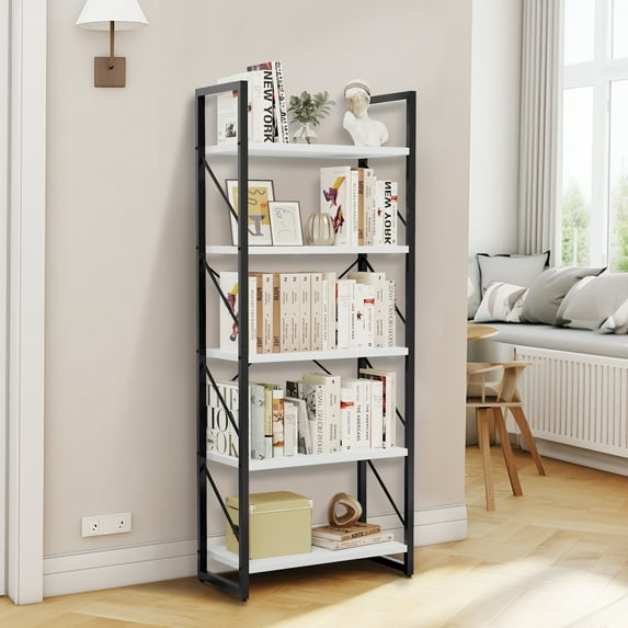 DWVO 5-Tier Bookshelf, Ladder Bookcase, Industrial Freestanding Book Shelf Modern Open Display Storage Organizer Book Shelves for Bedroom, Living Room and Home Office,White