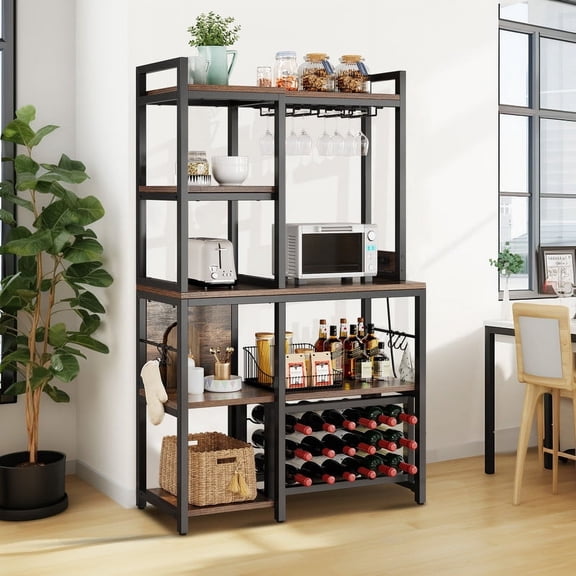 DWVO 5 Tier Coffee Bar Station, 35.5" Freestanding Kitchen Bakers Rack with Wine Rack, Kitchen Microwave Stand with Power Outlet and Hooks for Home, Dinning Room, Rustic Brown